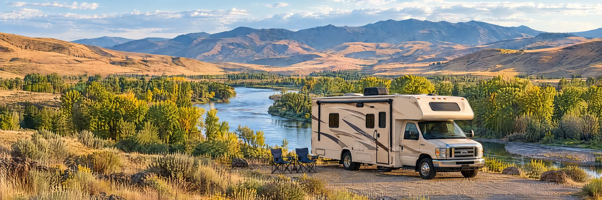 Illustration of a cream Class C motorhome with a modest overcab bunk at a fictional camping setting inspired by Ellensburg, WA.