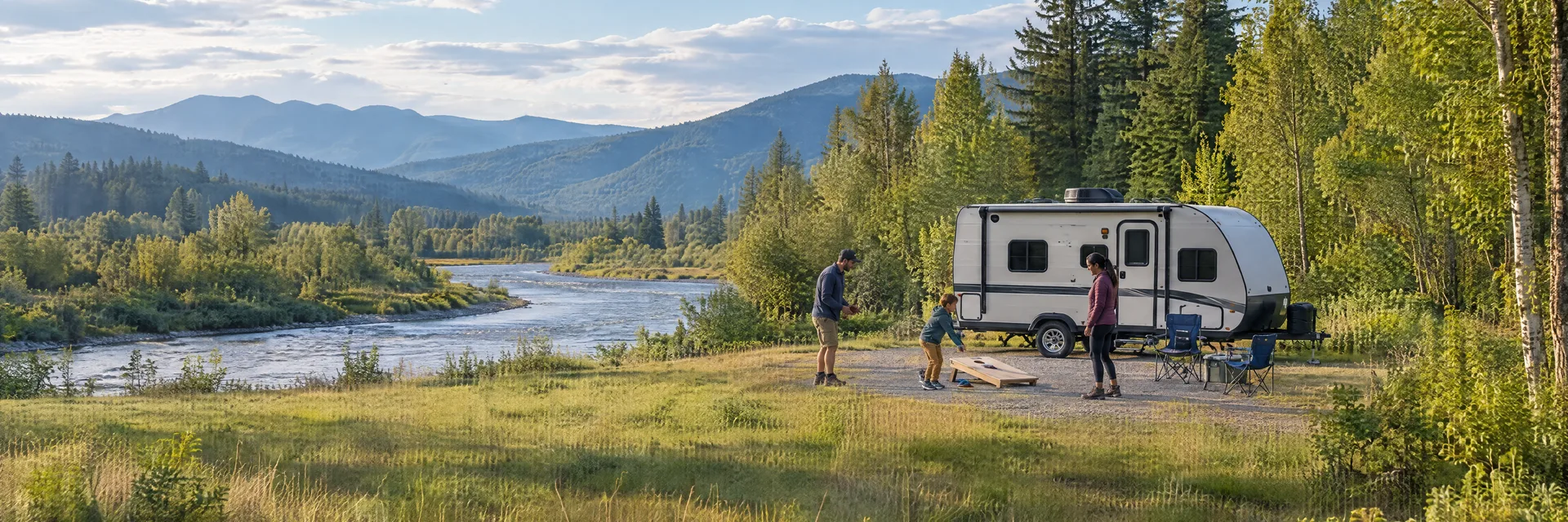 Illustration of campers enjoying family campsite activities beside a compact travel trailer in a fictional camping setting inspired by Elma, WA.