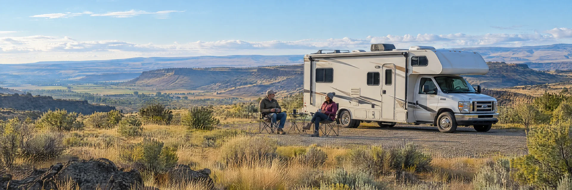 Illustration of campers enjoying morning coffee beside a Class C motorhome in a fictional camping setting inspired by Ephrata, WA.