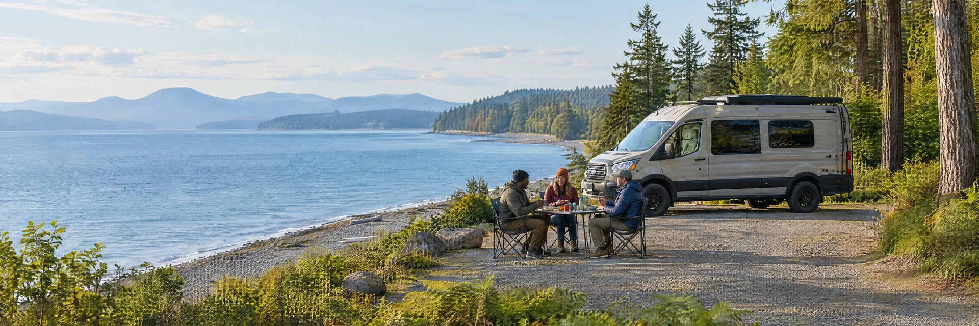 Illustration of campers enjoying an outdoor meal beside a camper van in a fictional camping setting inspired by Federal Way, WA.