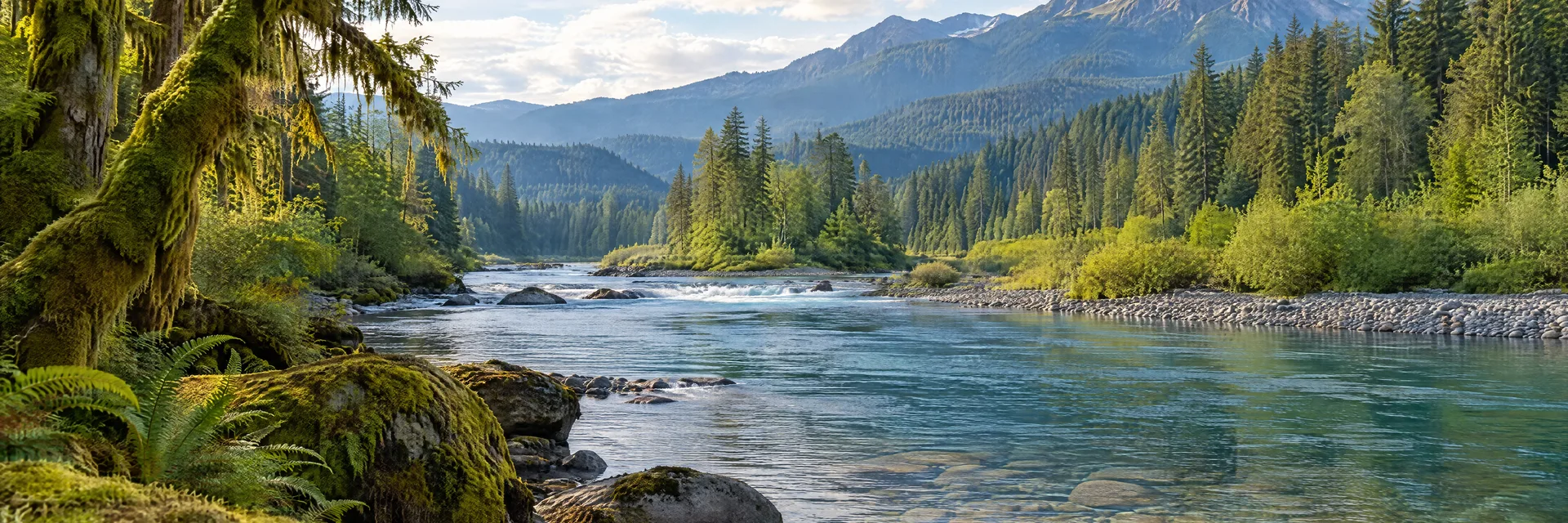 Illustration inspired by Forks, WA: olympic Peninsula temperate rainforest with mossy trees and a clear river.
