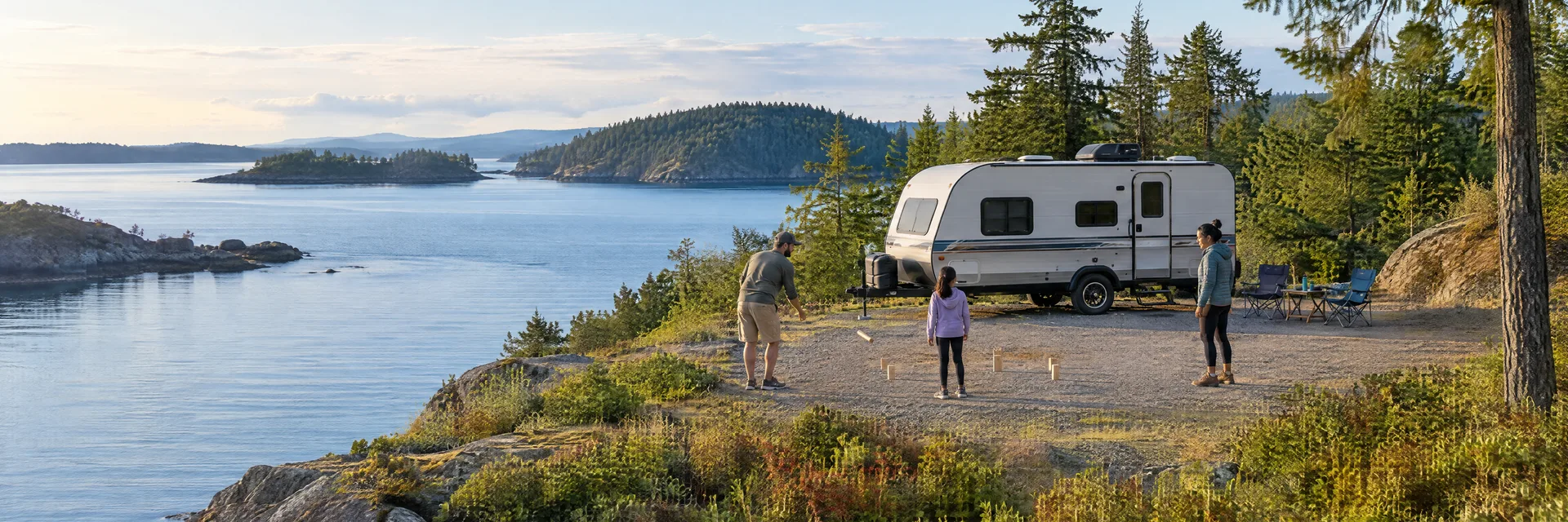 Illustration of campers enjoying family campsite activities beside a compact travel trailer in a fictional camping setting inspired by Friday Harbor, WA.
