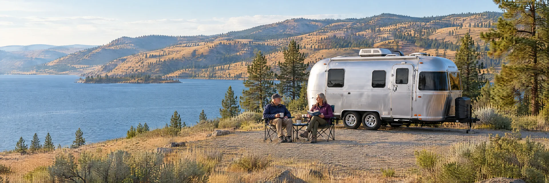 Illustration of campers enjoying relaxing at camp beside a rounded silver travel trailer in a fictional camping setting inspired by Gifford, WA.