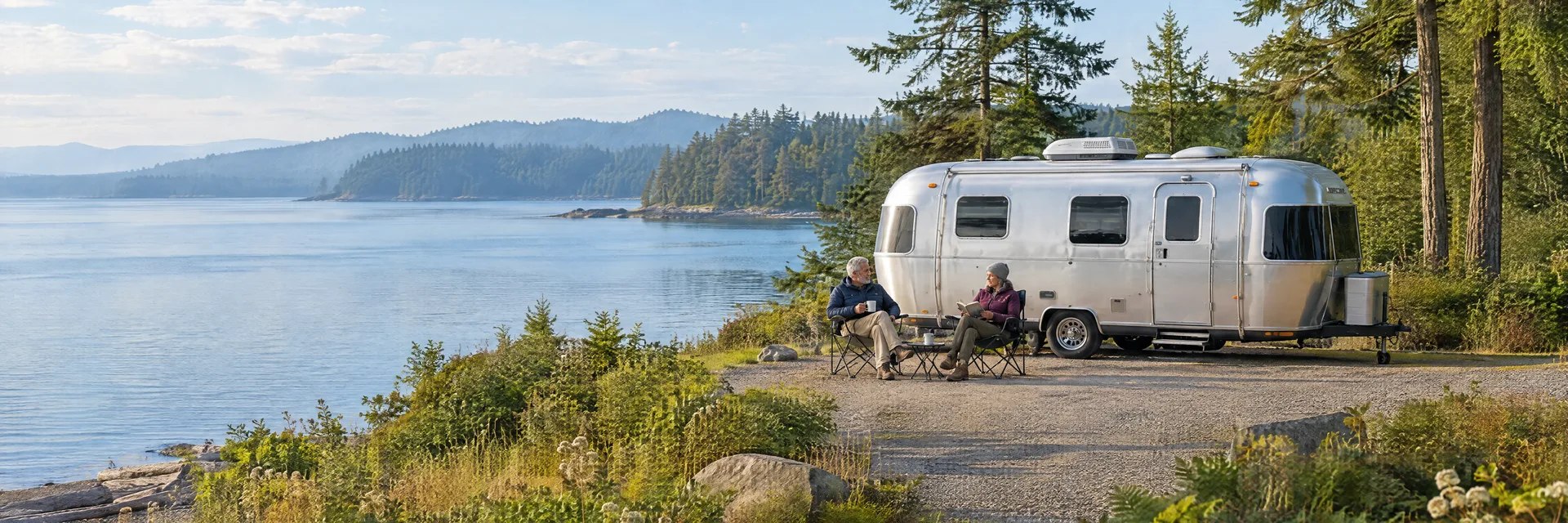 Illustration of campers enjoying relaxing at camp beside a rounded silver travel trailer in a fictional camping setting inspired by Gig Harbor, WA.