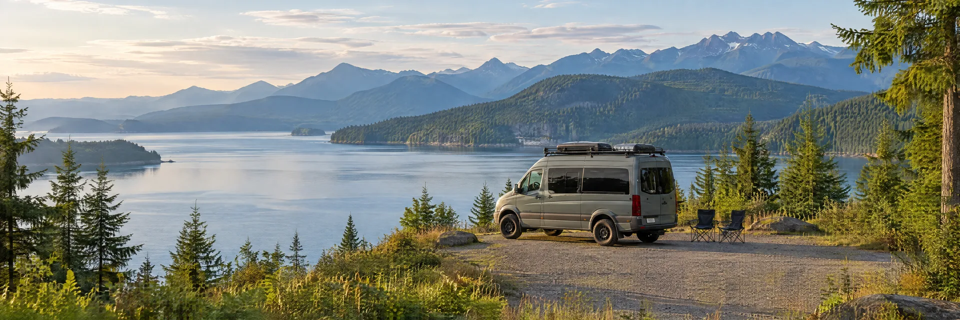 Illustration of a camper van at a fictional camping setting inspired by Hoodsport, WA.