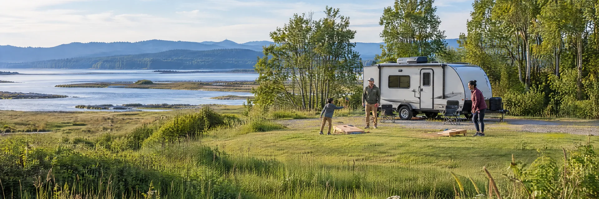 Illustration of campers enjoying family campsite activities beside a compact travel trailer in a fictional camping setting inspired by La Conner, WA.
