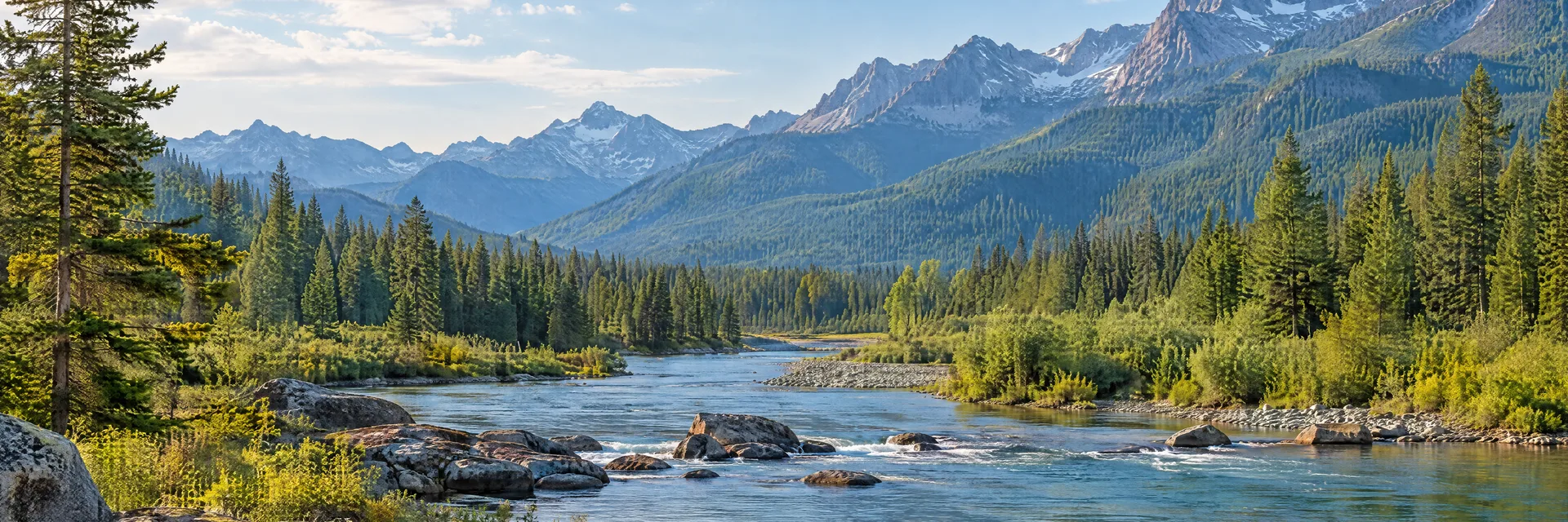 Illustration inspired by Leavenworth, WA: cascade mountain river valley with evergreen forest and rocky peaks.