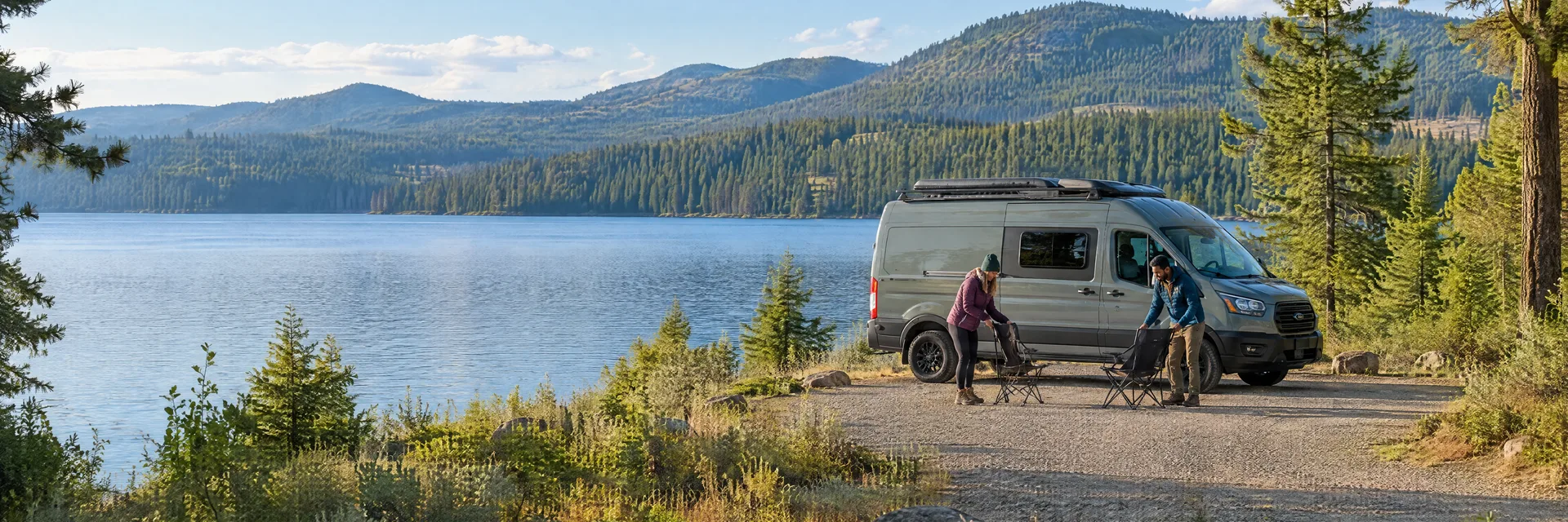 Illustration of campers enjoying setting up camp beside a camper van in a fictional camping setting inspired by Loon Lake, WA.