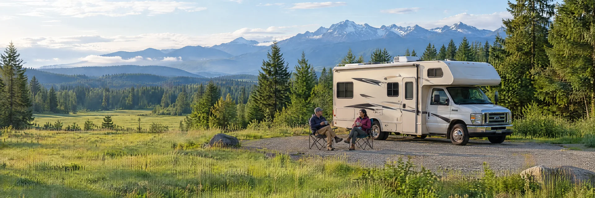 Illustration of campers enjoying morning coffee beside a Class C motorhome in a fictional camping setting inspired by Lynden, WA.