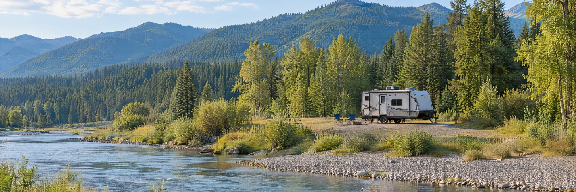 Illustration of a compact travel trailer at a fictional camping setting inspired by Monroe, WA.