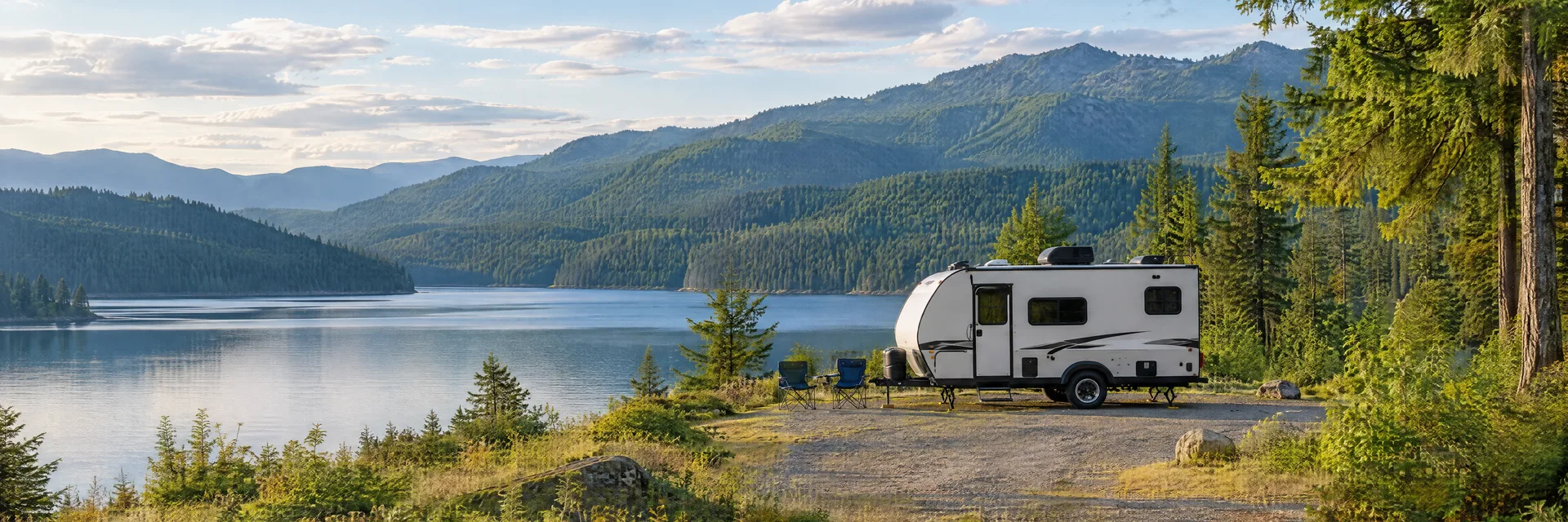 Illustration of a compact travel trailer at a fictional camping setting inspired by Mossyrock, WA.