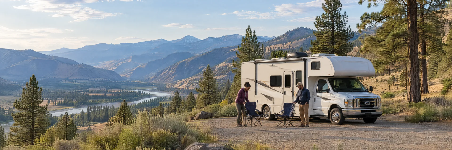 Illustration of campers enjoying setting up camp beside a Class C motorhome in a fictional camping setting inspired by Naches, WA.