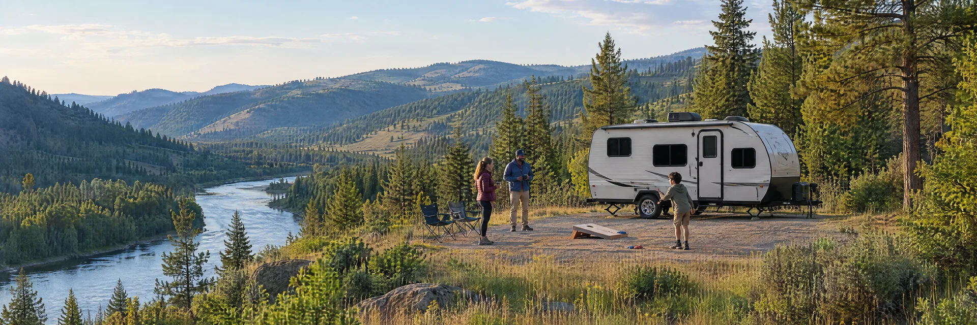 Illustration of campers enjoying family campsite activities beside a compact travel trailer in a fictional camping setting inspired by Newport, WA.