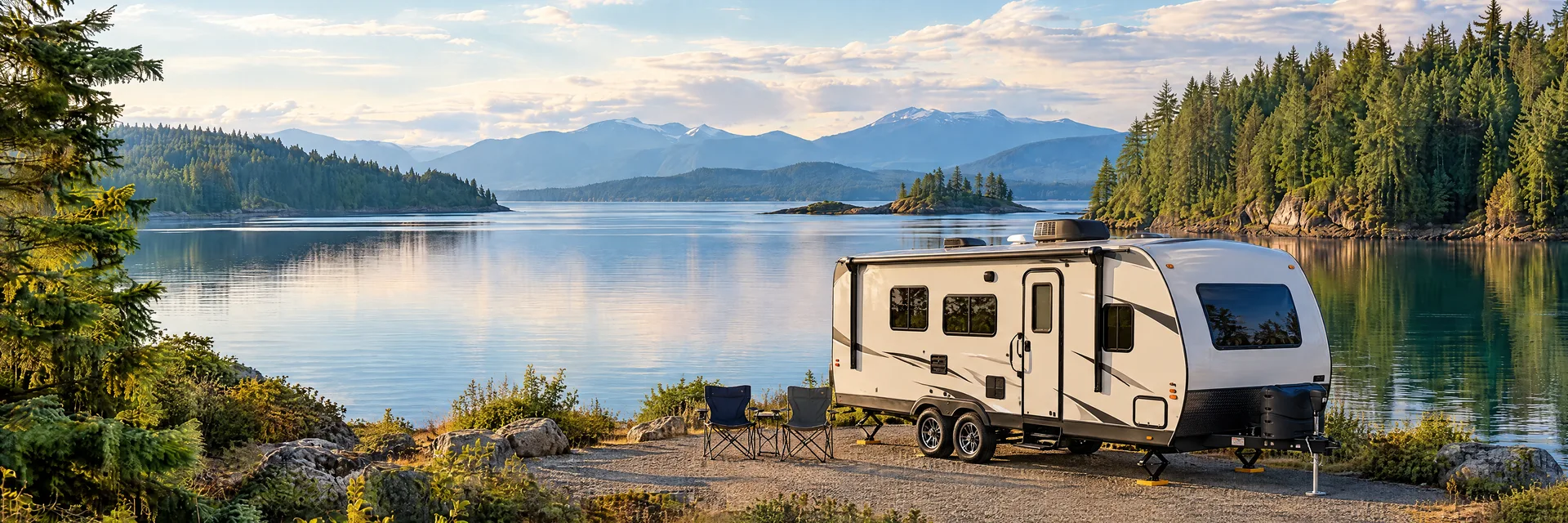 Illustration of a ivory tandem-axle travel trailer with visible hitch and stabilizers at a fictional camping setting inspired by Olympia, WA.