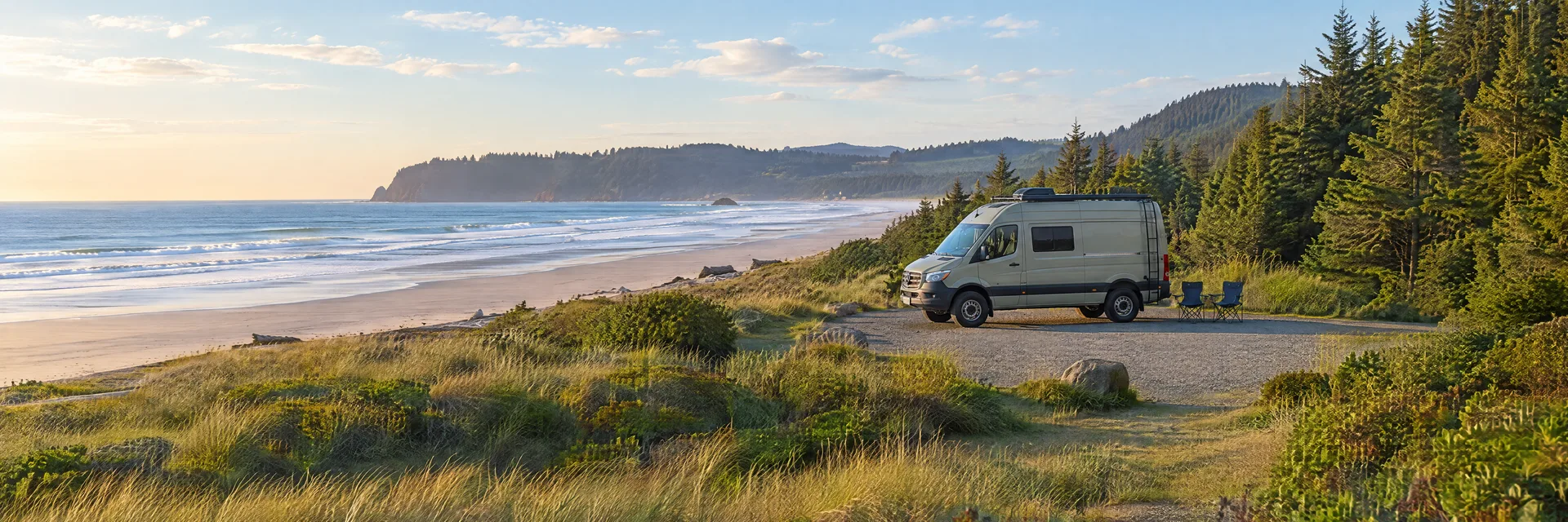 Illustration of a camper van at a fictional camping setting inspired by Pacific Beach, WA.