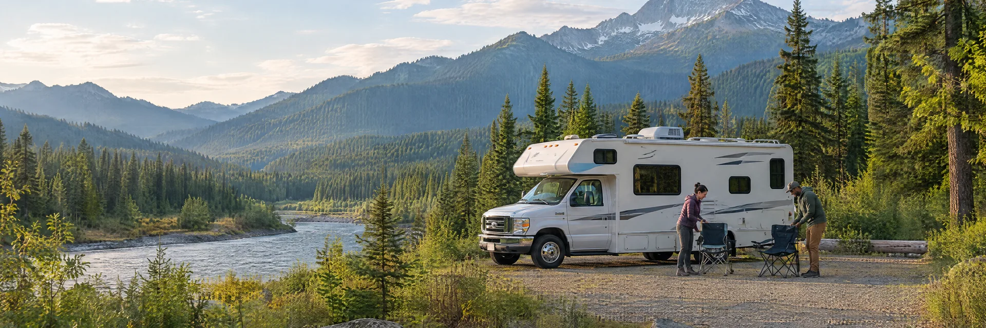 Illustration of campers enjoying setting up camp beside a Class C motorhome in a fictional camping setting inspired by Packwood, WA.