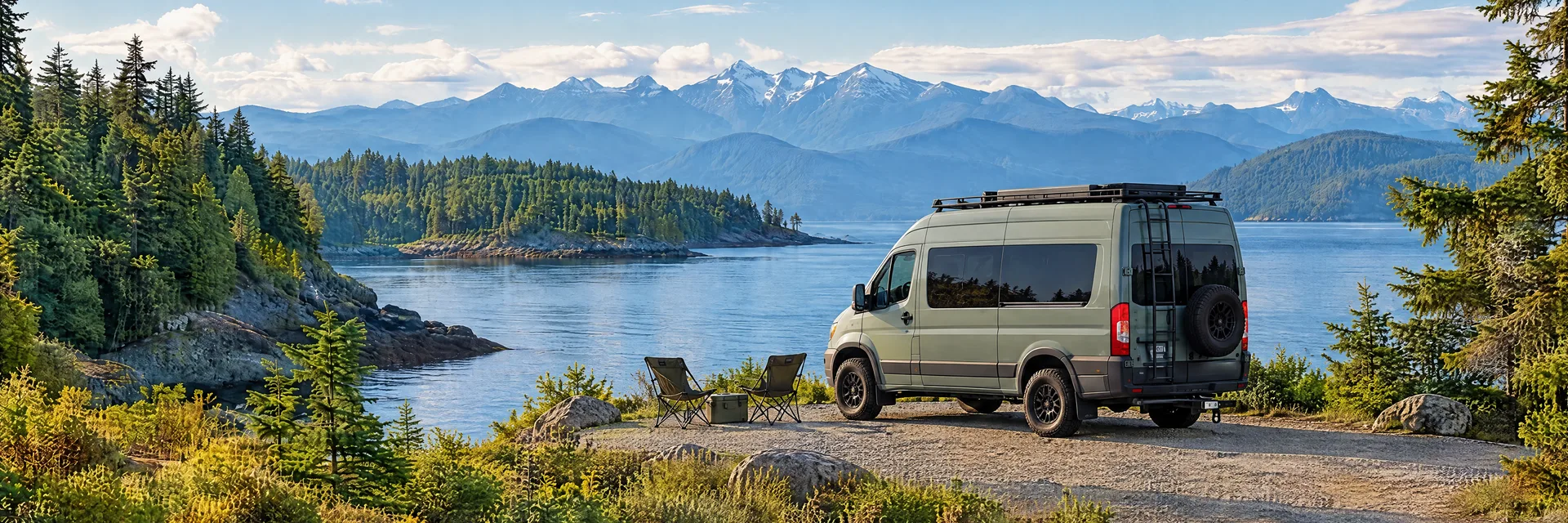 Illustration of a sage-green modern campervan at a fictional camping setting inspired by Port Angeles, WA.