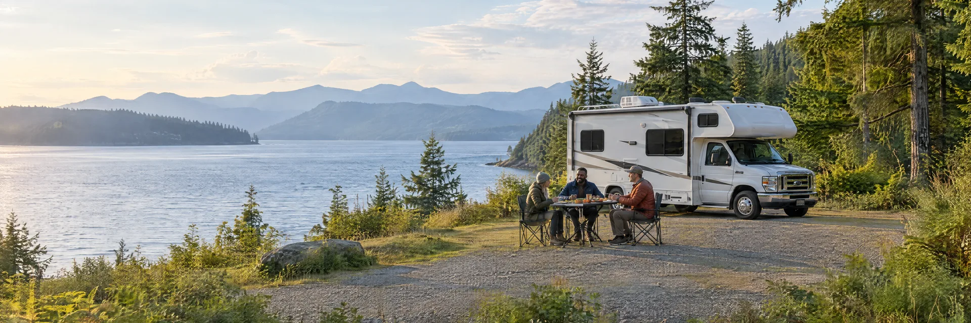 Illustration of campers enjoying an outdoor meal beside a Class C motorhome in a fictional camping setting inspired by Port Orchard, WA.