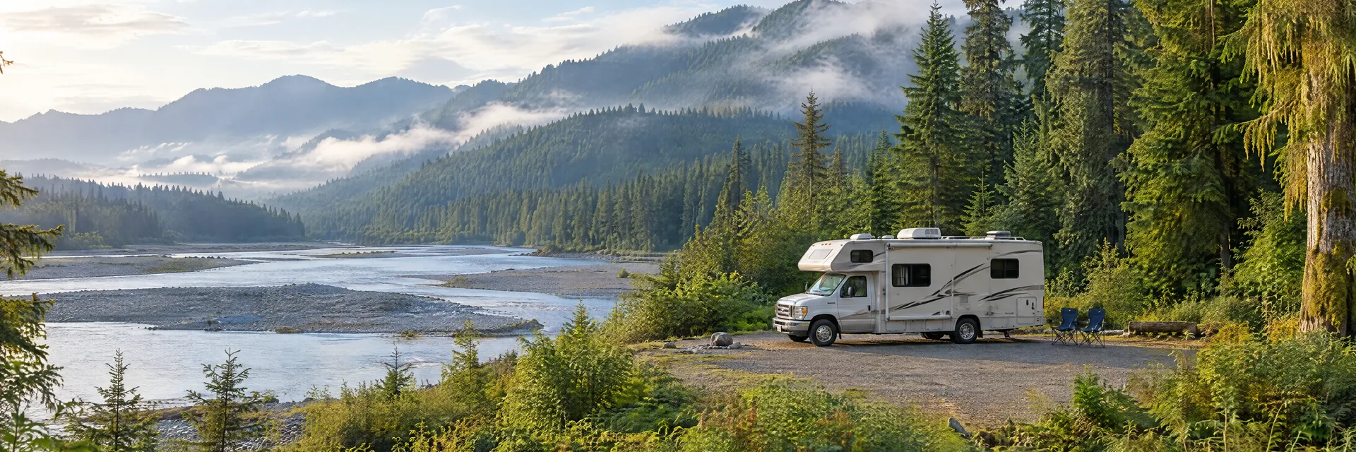Illustration of a Class C motorhome at a fictional camping setting inspired by Queets, WA.