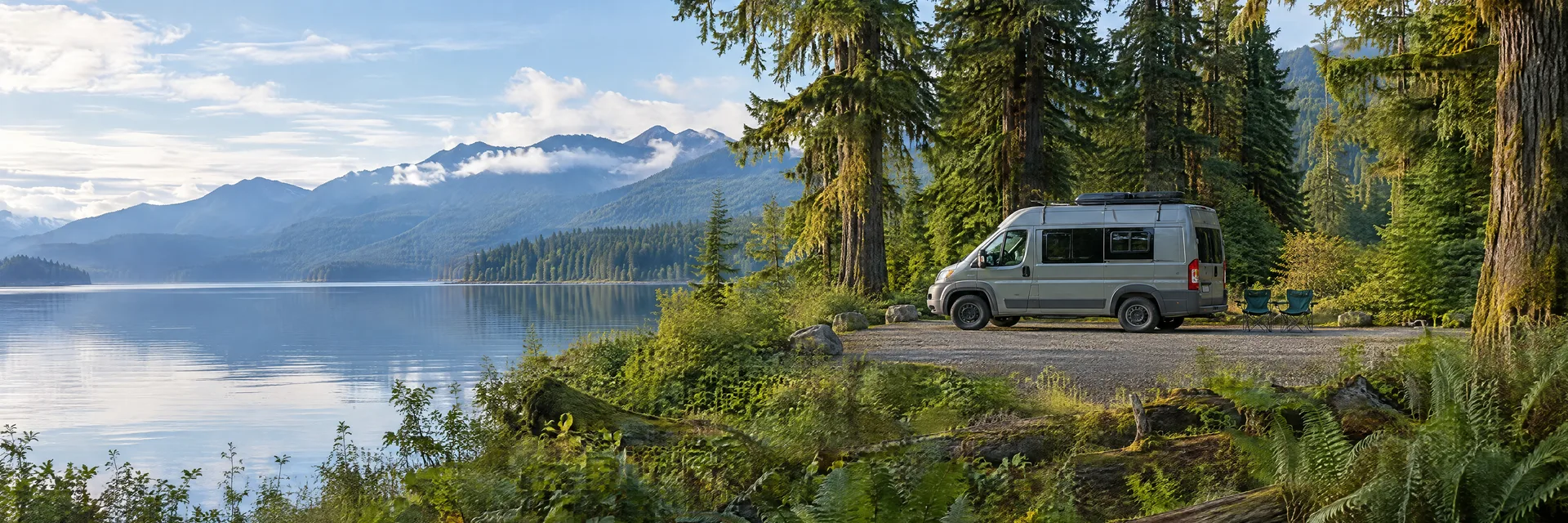 Illustration of a camper van at a fictional camping setting inspired by Quinault, WA.
