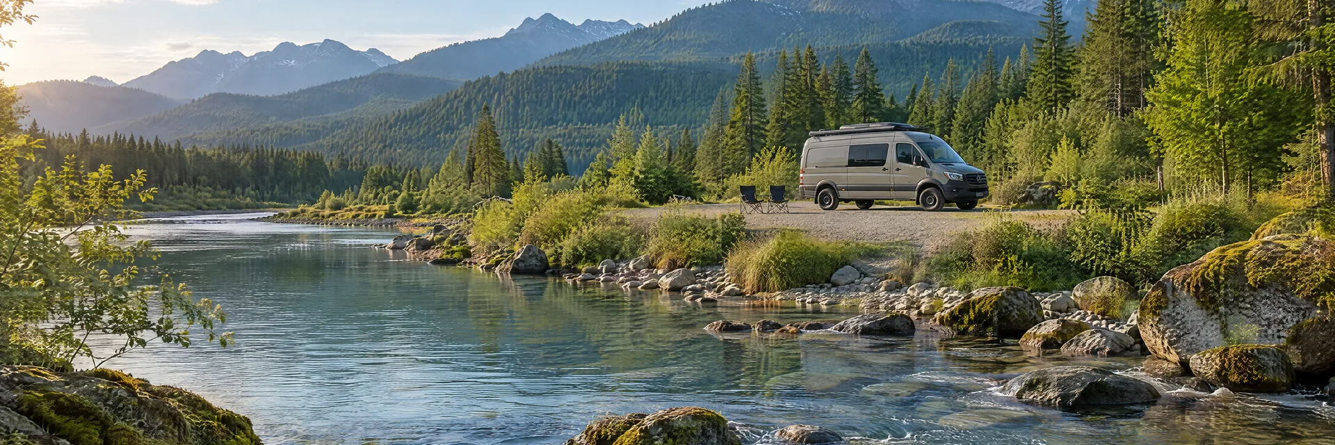 Illustration of a camper van at a fictional camping setting inspired by Riverpoint, WA.