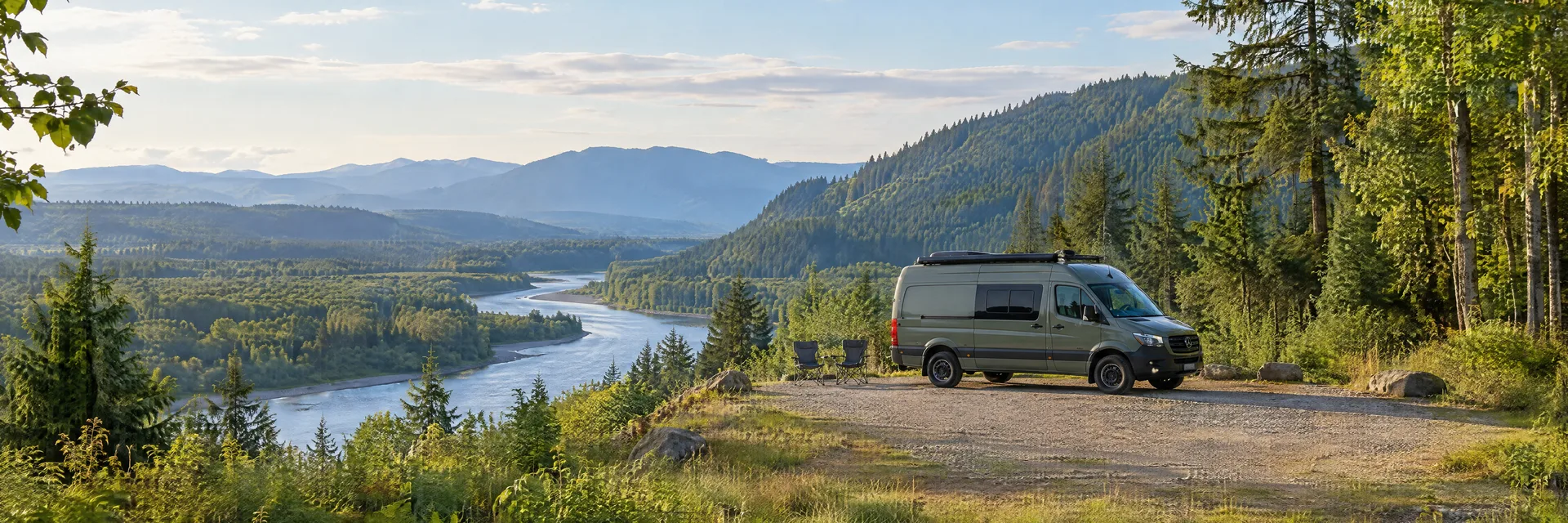 Illustration of a camper van at a fictional camping setting inspired by Satsop, WA.