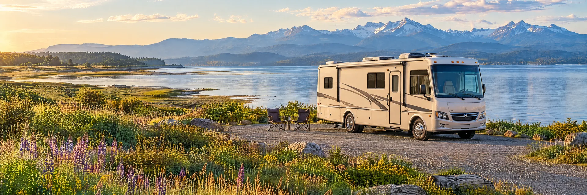 Illustration of a cream Class A motorhome with restrained charcoal trim at a fictional camping setting inspired by Sequim, WA.