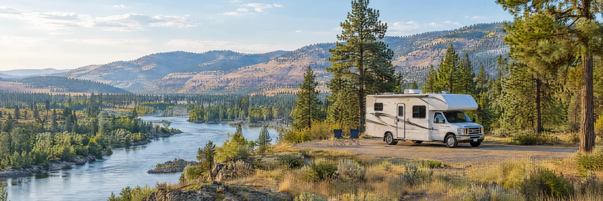 Illustration of a Class C motorhome at a fictional camping setting inspired by Spokane Valley, WA.