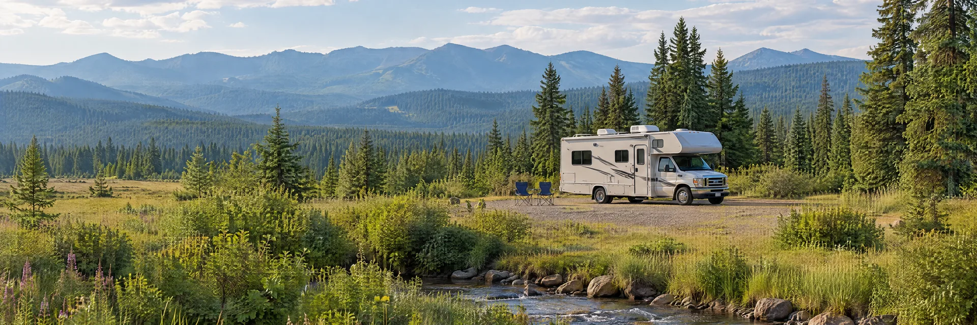 Illustration of a Class C motorhome at a fictional camping setting inspired by Trout Lake, WA.