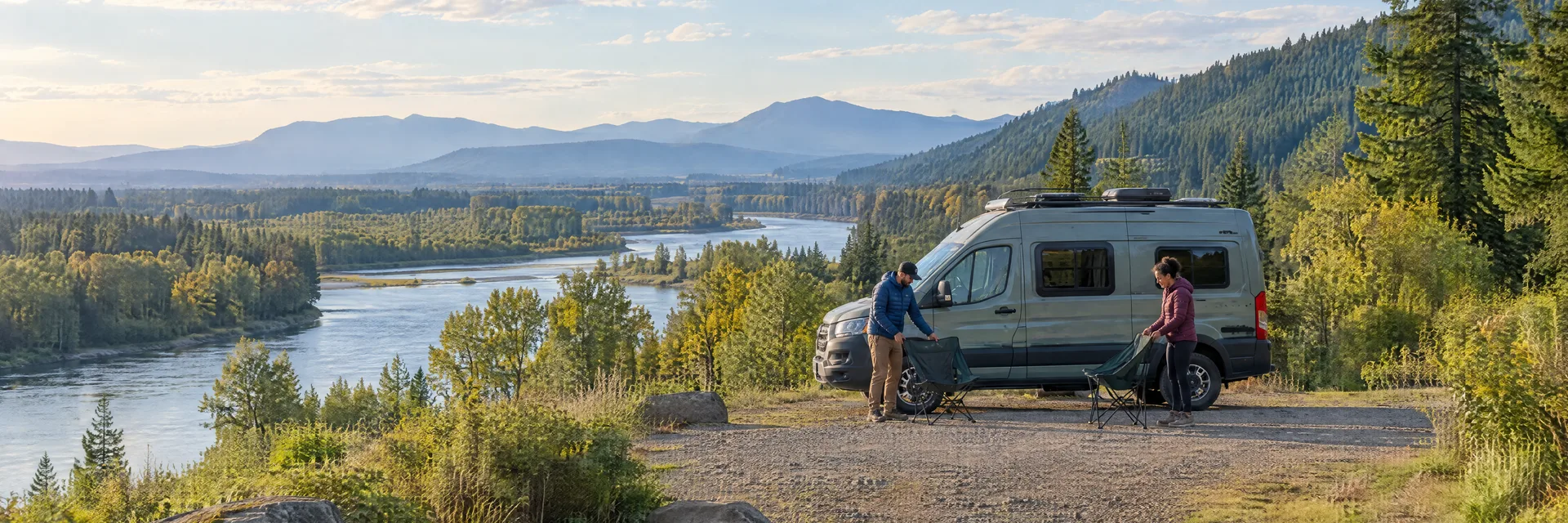 Illustration of campers enjoying setting up camp beside a camper van in a fictional camping setting inspired by Vancouver, WA.