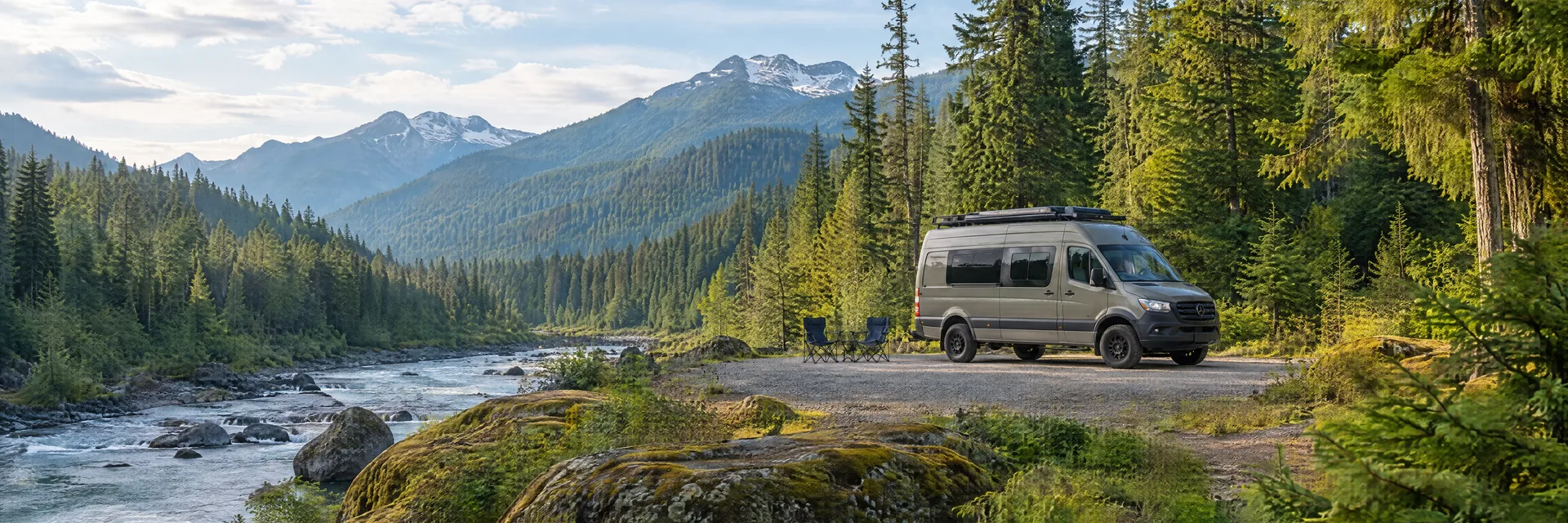 Illustration of a camper van at a fictional camping setting inspired by Verlot, WA.