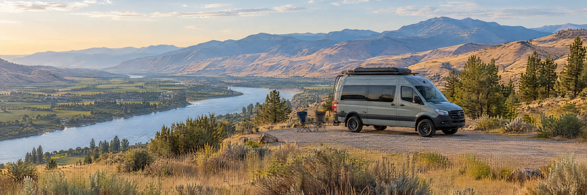 Illustration of a camper van at a fictional camping setting inspired by Wenatchee, WA.