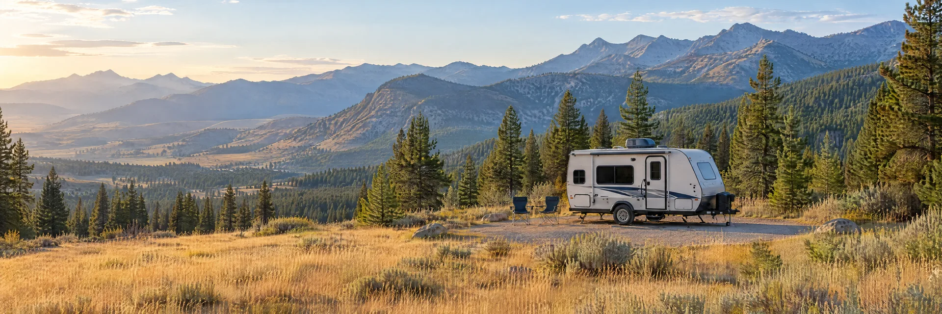 Illustration of a compact travel trailer at a fictional camping setting inspired by Winthrop, WA.