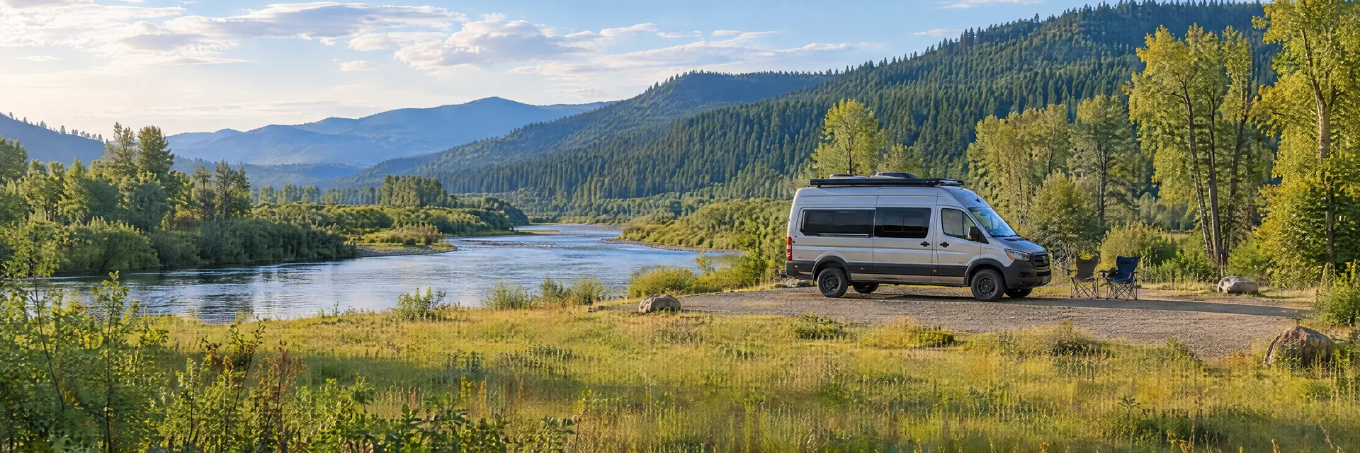 Illustration of a camper van at a fictional camping setting inspired by Woodland, WA.