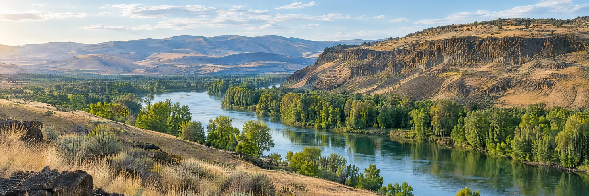 Illustration inspired by Yakima, WA: central Washington dry grassy foothills, basalt slopes and a cottonwood-lined river valley.