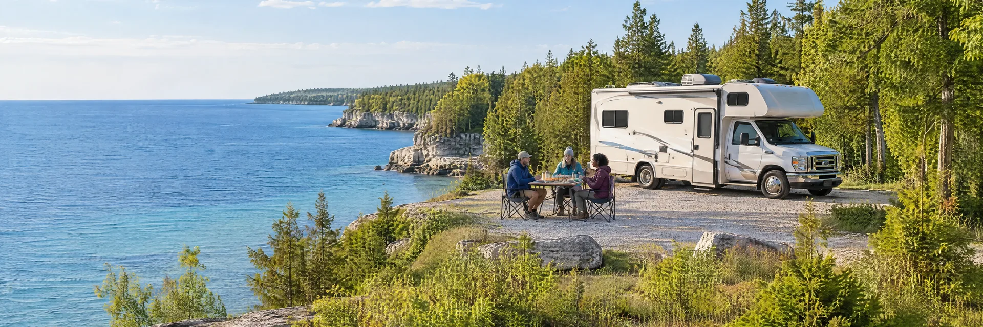 Illustration of campers enjoying an outdoor meal beside a Class C motorhome in a fictional camping setting inspired by Baileys Harbor, WI.