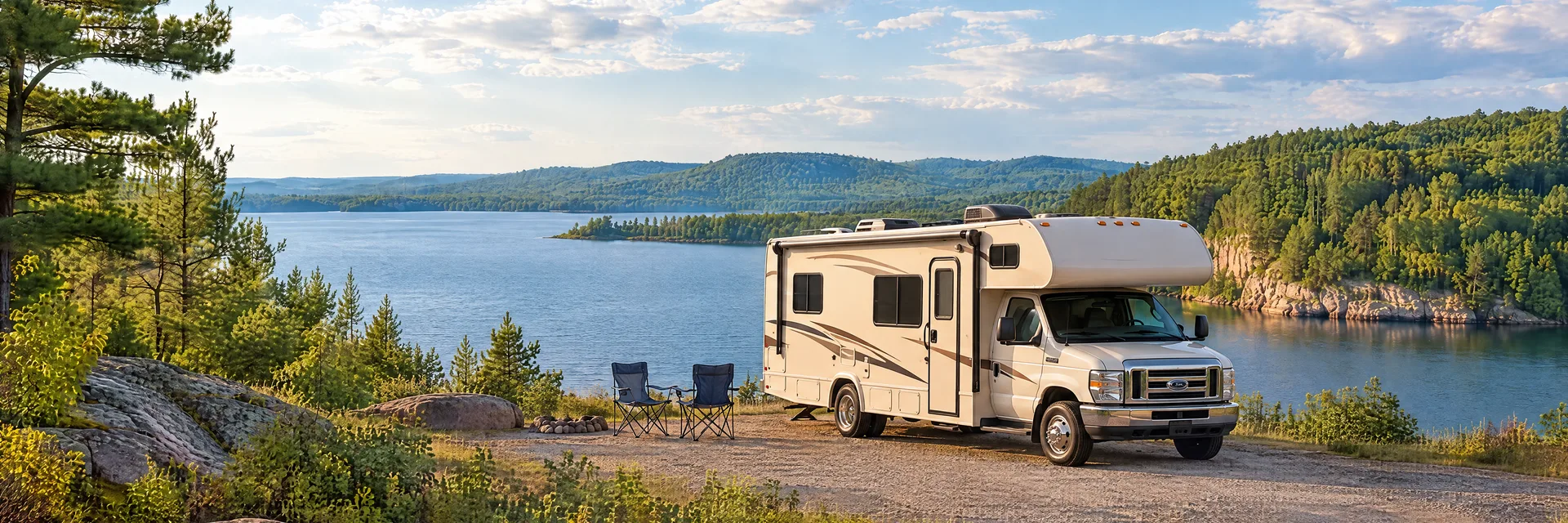Illustration of a cream Class C motorhome with a modest overcab bunk at a fictional camping setting inspired by Baraboo, WI.