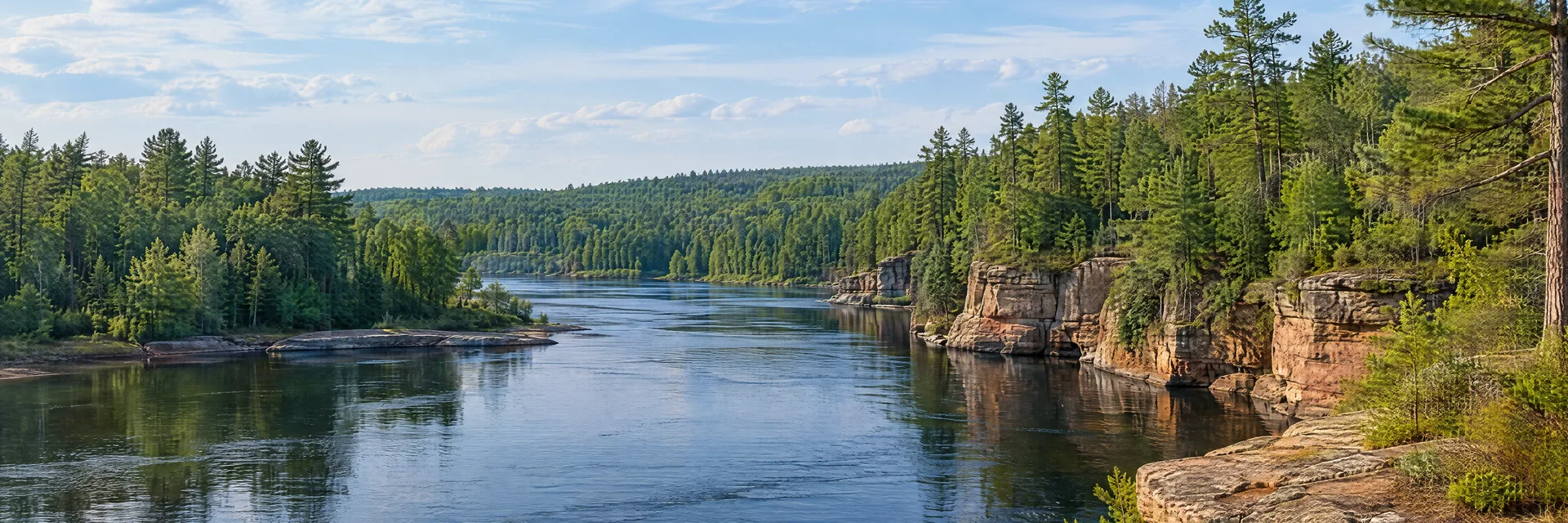 Illustration inspired by Black River Falls, WI: wisconsin pine forest and dark freshwater river with sandstone banks.