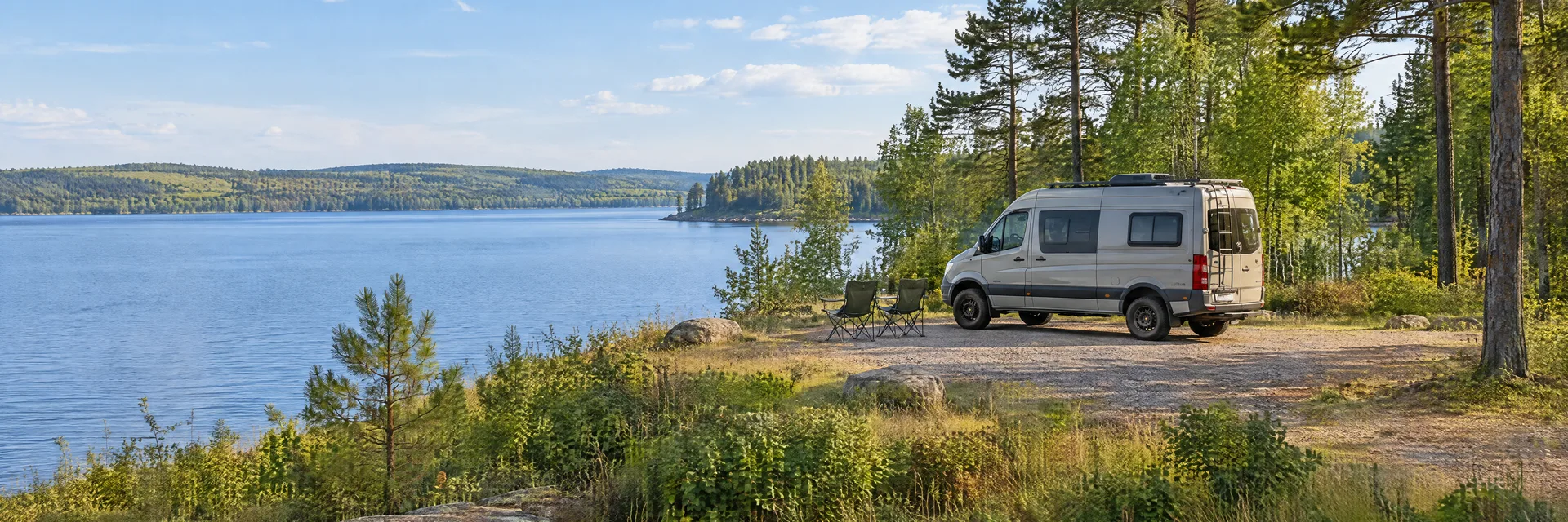 Illustration of a camper van at a fictional camping setting inspired by Chippewa Falls, WI.