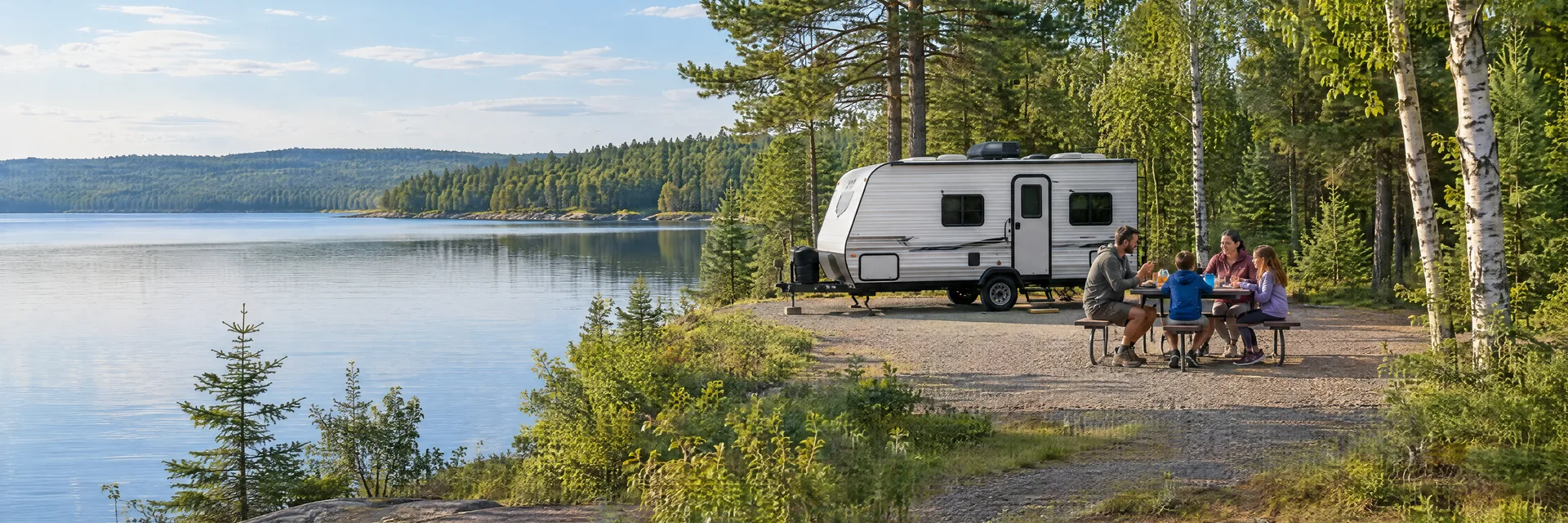 Illustration of campers enjoying a family picnic beside a compact travel trailer in a fictional camping setting inspired by Eagle River, WI.