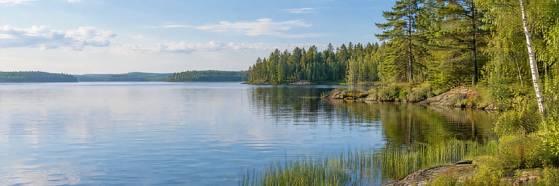 Illustration inspired by Lac du Flambeau, WI: northern Wisconsin quiet freshwater lake with pine and birch woodland, reeds and low forested shores.