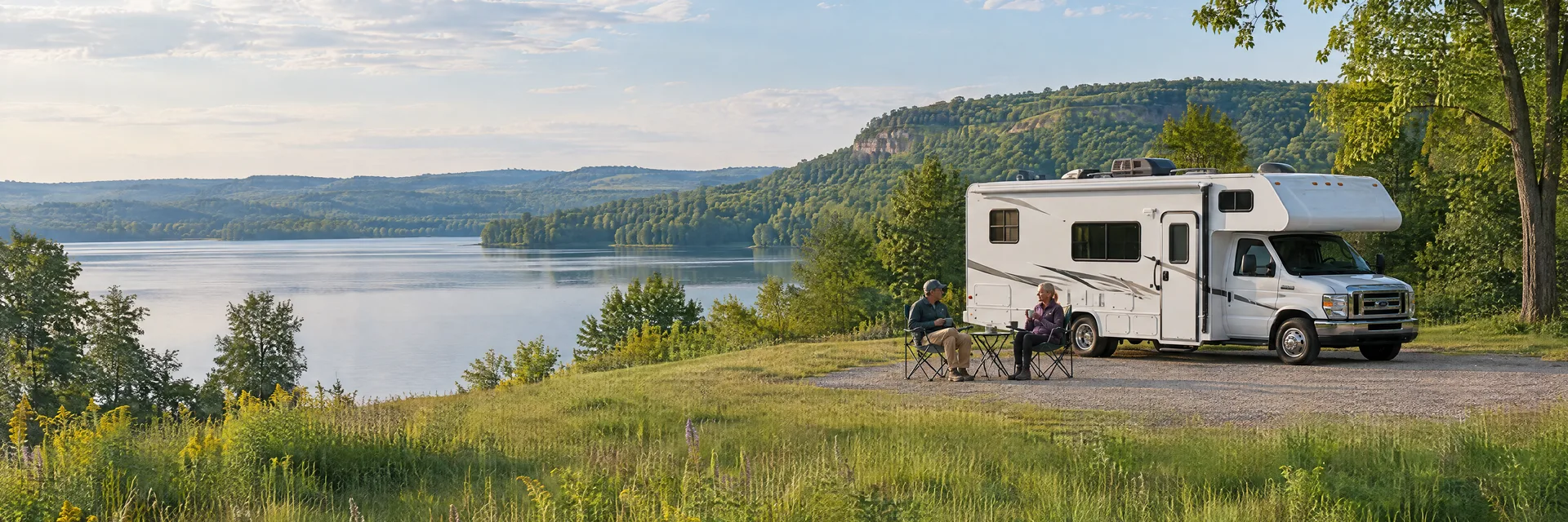 Illustration of campers enjoying morning coffee beside a Class C motorhome in a fictional camping setting inspired by Lodi, WI.