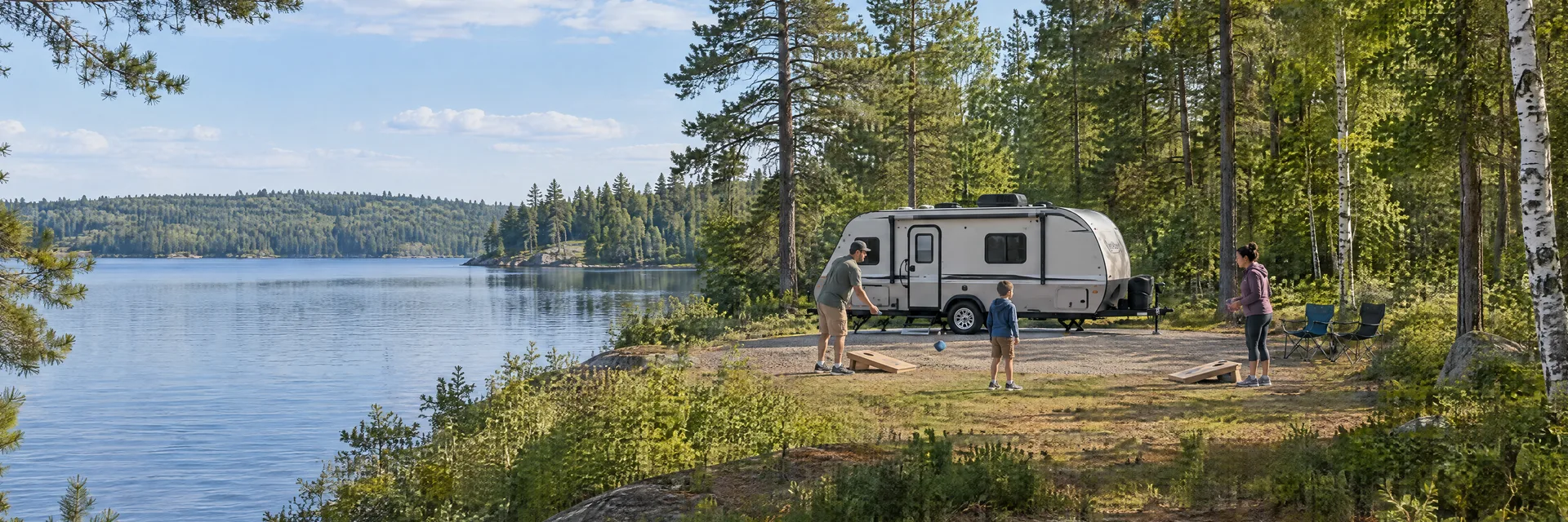 Illustration of campers enjoying family campsite activities beside a compact travel trailer in a fictional camping setting inspired by Minocqua, WI.