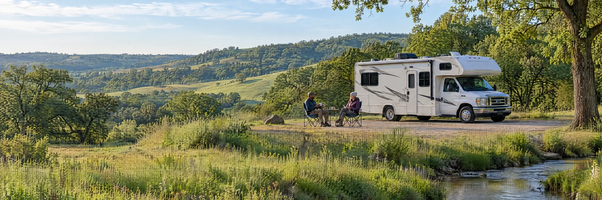 Illustration of campers enjoying morning coffee beside a Class C motorhome in a fictional camping setting inspired by Osseo, WI.