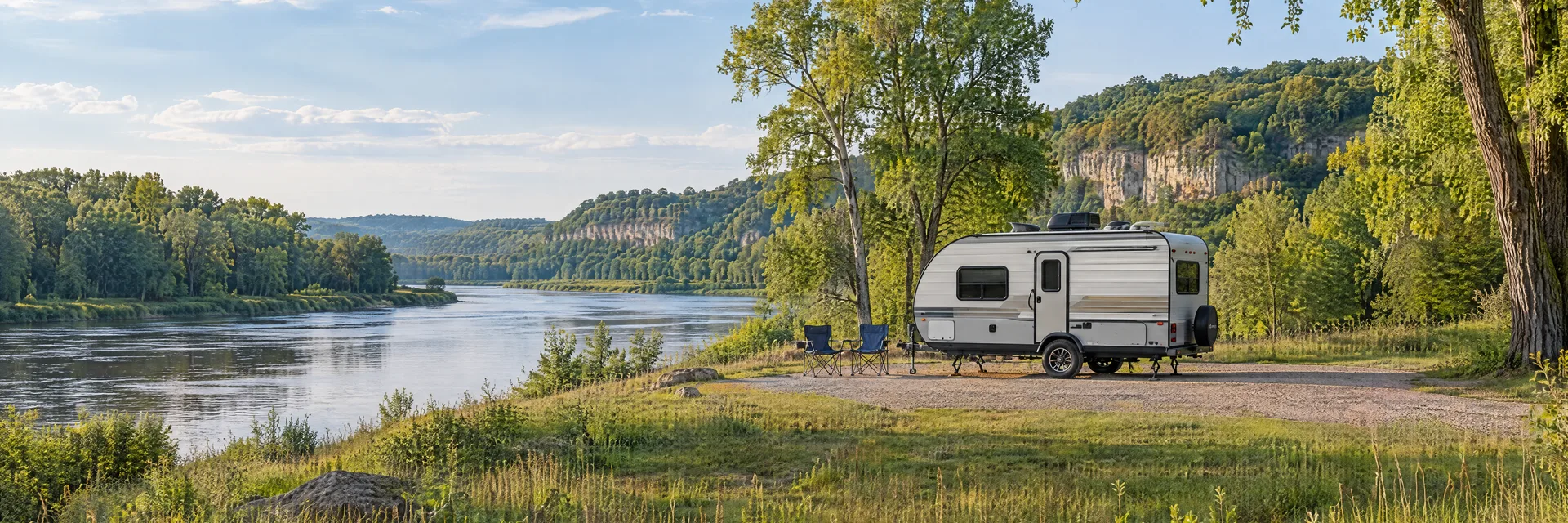 Illustration of a compact travel trailer at a fictional camping setting inspired by Portage, WI.