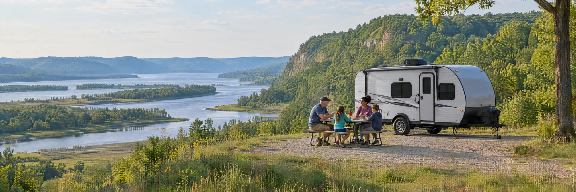 Illustration of campers enjoying a family picnic beside a compact travel trailer in a fictional camping setting inspired by Prairie Du Chien, WI.
