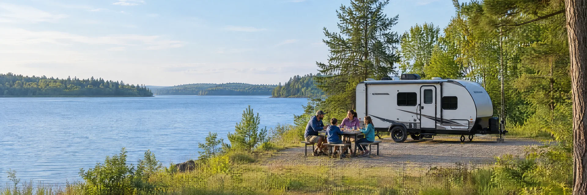 Illustration of campers enjoying a family picnic beside a compact travel trailer in a fictional camping setting inspired by Shawano, WI.