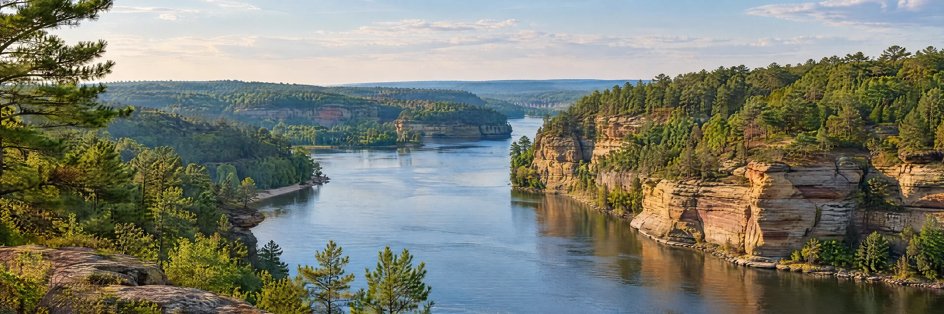 Illustration inspired by Wisconsin Dells, WI: wisconsin river winding between layered sandstone bluffs and pines.