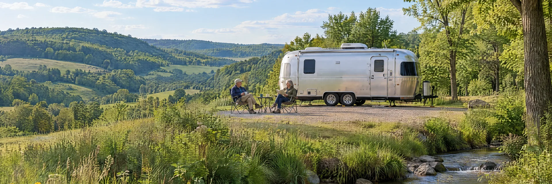 Illustration of campers enjoying relaxing at camp beside a rounded silver travel trailer in a fictional camping setting inspired by Yuba, WI.