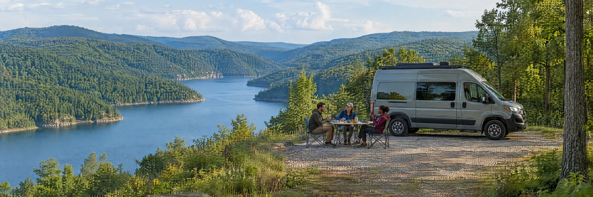 Illustration of campers enjoying an outdoor meal beside a camper van in a fictional camping setting inspired by East Lynn, WV.